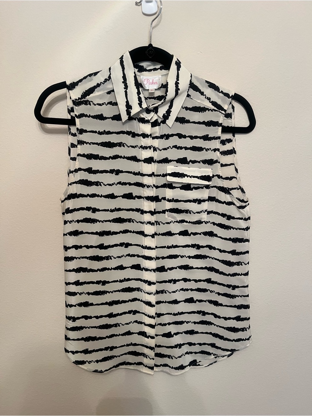 Parker Black and White Silk Striped Sleeveless Button-Down Shirt